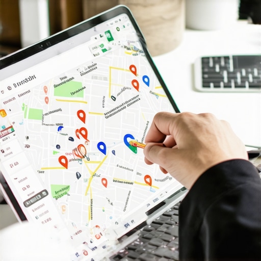 Person reviewing Google Maps analytics on a laptop screen with local business icons.