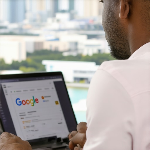 Business owner working on Google My Business profile with Jacksonville skyline