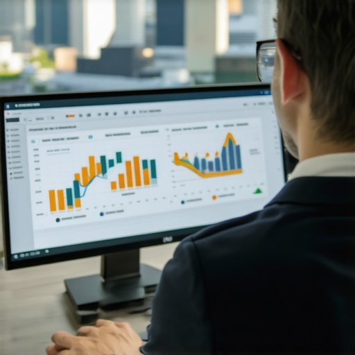 Person reviewing SEO analytics tools with Jacksonville cityscape behind