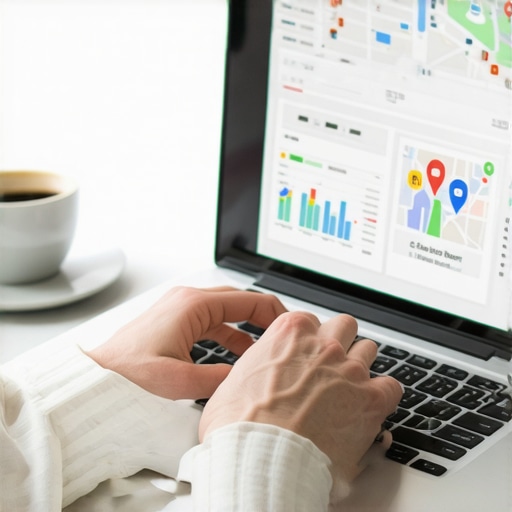 Person managing local SEO tools on a laptop with analytics and citation dashboards.