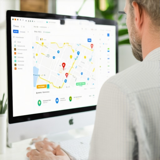 Business owner working on Google My Business profile on a laptop with maps and SEO tools.