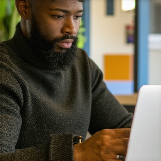 Business owner editing Google My Business profile on laptop.