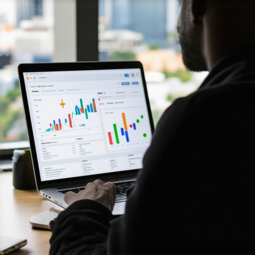 Person analyzing local SEO metrics on a laptop with Jacksonville cityscape in the background
