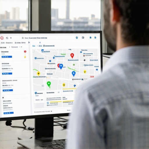 Business owner reviewing Google Maps optimization results on a laptop with Jacksonville city view