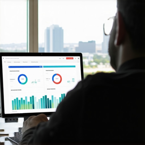 Person reviewing local SEO analytics on a laptop with Jacksonville skyline in background.