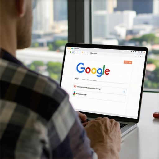 Business owner optimizing Google My Business listing on laptop with Jacksonville skyline