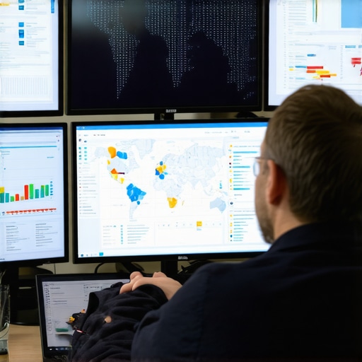 Person reviewing SEO analytics on computer screens showing maps and data for Jacksonville businesses.