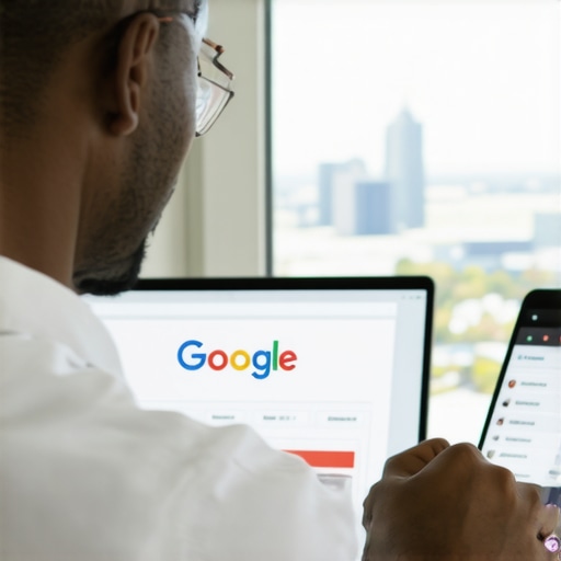 Business owner managing Google My Business profile against Jacksonville skyline