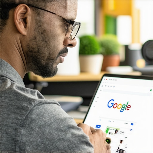 Business owner updating Google My Business profile on laptop in a Jacksonville storefront.