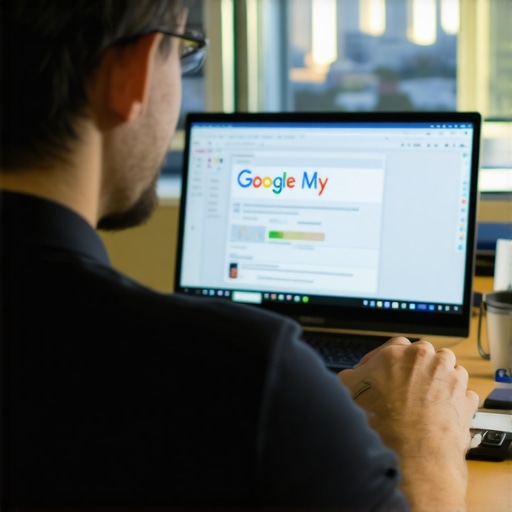 Digital marketer working on Google My Business optimization with Jacksonville skyline