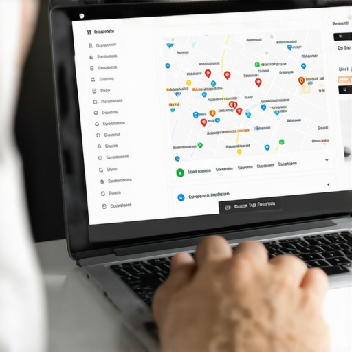Person updating Google My Business listing on laptop with local maps and analytics.