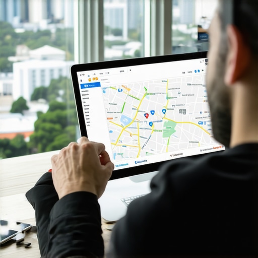 A person reviewing local SEO map data on a laptop with Jacksonville city in background