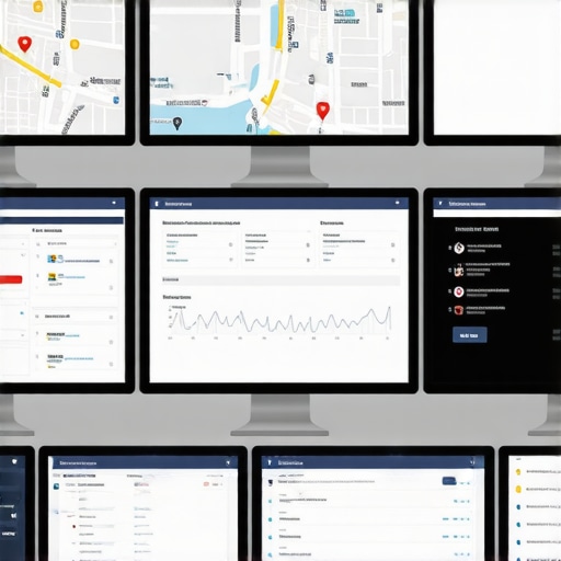 SEO Tools for Map Optimization A workspace with screens showing local SEO analytics, maps, and reviews management, emphasizing ongoing maintenance tools.