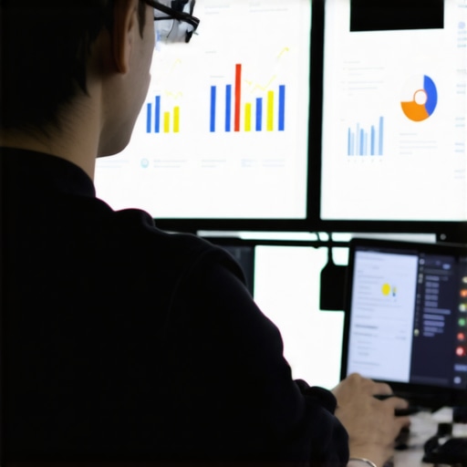 Person working with SEO analytics software on computer screens, representing Jacksonville local SEO maintenance.