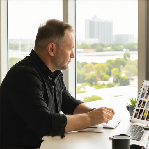 Business owner updating Google My Business profile on a laptop with Jacksonville city in the background