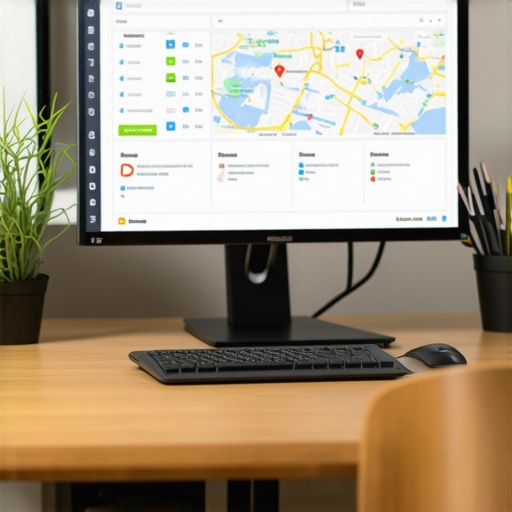 Desk with computer screens displaying local SEO analytics and maps of Jacksonville.