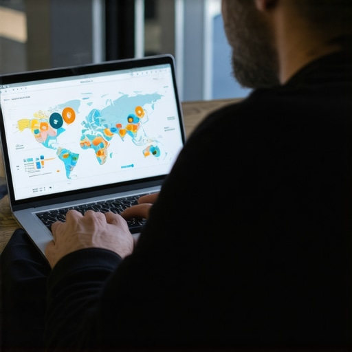 A person analyzing local SEO data on a laptop with maps and charts