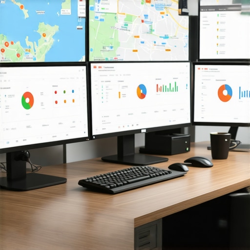 Modern workspace with SEO monitoring tools and maps analytics