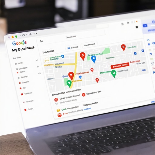 Business owner updating Google My Business listing on a laptop with maps and reviews for Jacksonville
