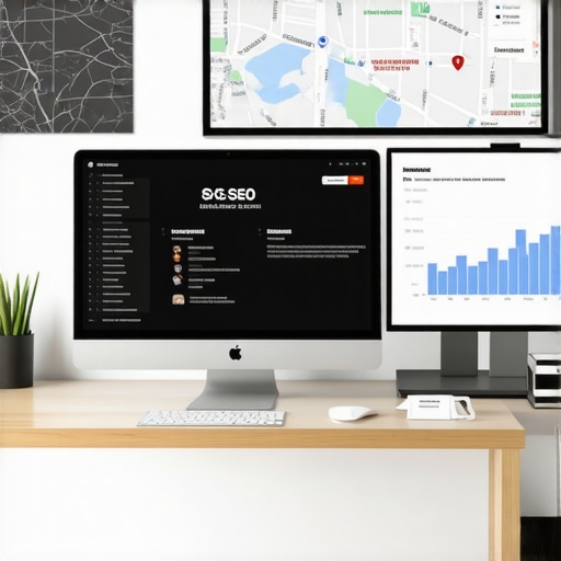 Digital SEO work environment with maps and analytics