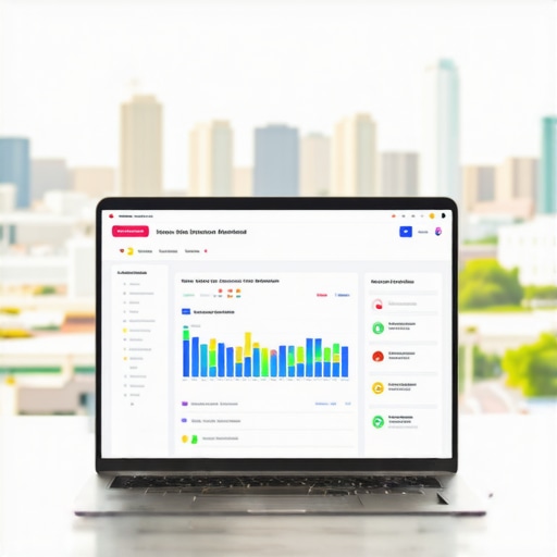Effective GMB Management Tools in Jacksonville Laptop screen displaying local SEO analytics with Jacksonville skyline in the background