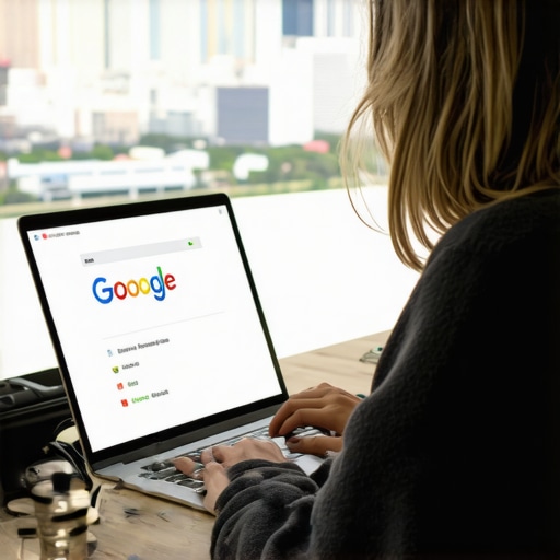 Person editing Google Business Profile on laptop with Jacksonville skyline