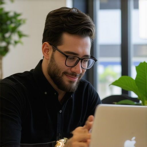 Business owner editing GMB profile on computer to improve local SEO.